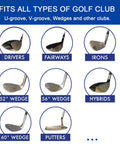 Groove Sharpener For Golf Clubs Re Grooving Tool And Cleaner displayed with various golf club types including drivers, irons, wedges.