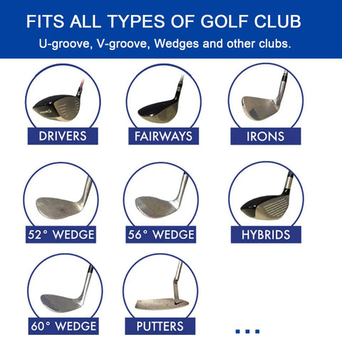 Groove Sharpener For Golf Clubs Re Grooving Tool And Cleaner displayed with various golf club types including drivers, irons, wedges.