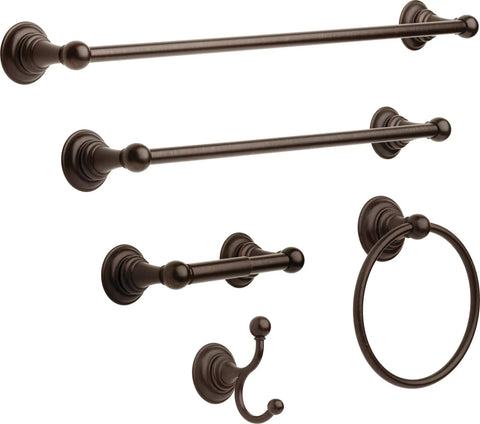 Providence Double Towel Hook In Venetian Bronze With SpotShield Technology alongside other bathroom hardware pieces
