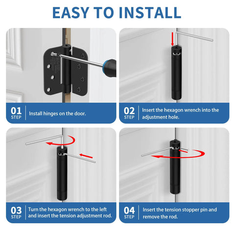 Installation steps for Heavy Duty Four Inch Self Closing Door Hinges Three Pack Featuring Five Eighths Corners And Spring Loaded Setup.