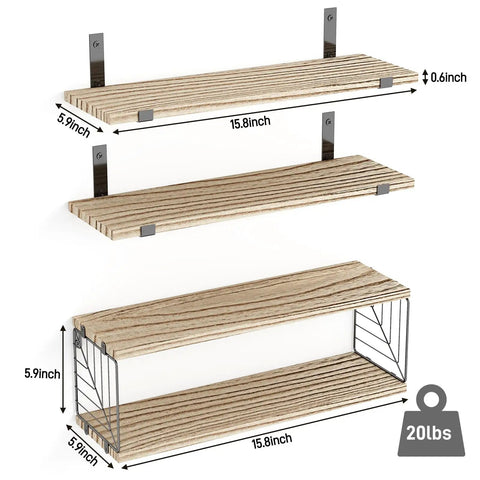 Wall Mounted Bathroom Over Toilet Storage Shelf Three Tier Light Brown Floating Rack with dimensions 15.8x5.9 inches.