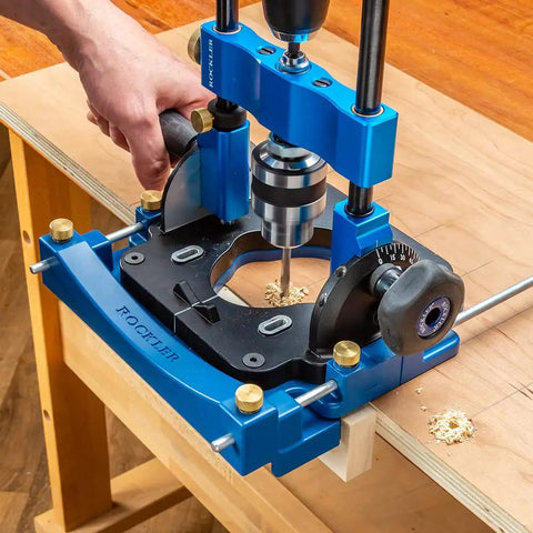 Edge Guide Drill Jig for Consistent Edge Distance Holes: Dog Holes, Shelf Pin Holes, and Shaker Pegs, shown in use on wood