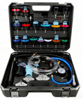 Universal 28 Piece Radiator Pressure Tester Kit And Coolant Vacuum Refill Set With Precise Thermometer in case with tools.