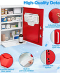 Locking Metal Medication Cabinet With Document Pocket And Dual Keys, Wall Mounted Red 21x16x6 Inch, open with contents visible