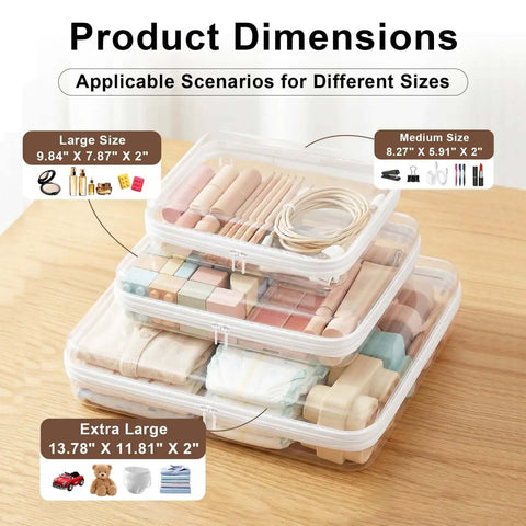 Sleek Badass Clear Hard Shell Zipper Storage Cases 3 Pack Medium Large Extra Large Transparent bins showing dimensions and contents.