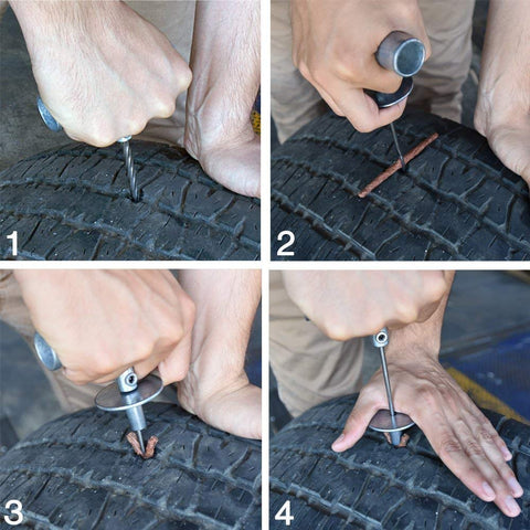 Step-by-step use of 35 Piece Universal Heavy Duty Tire Repair Kit With Plugs For Cars Trucks Motorcycles ATVs And More Fast Fix A Flat Tire Kit