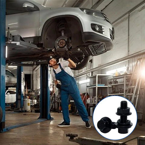 Mechanic using 16 Piece M8 x 25mm Flange Head Bolts Kit With Serrated Flange Nuts in garage, inset of bolt set, carbon steel.