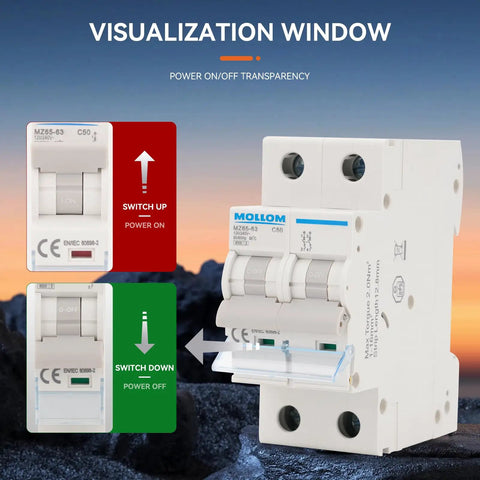2 Pole Miniature Circuit Breaker 20A C20 6KA Breaking Capacity 110-240V AC Thermal Magnetic Trip displayed with switch options