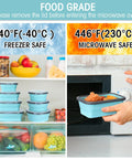 16 Pack Collapsible Food Storage Containers With Lids in freezer and microwave safe demonstration, showcasing blue bowls.