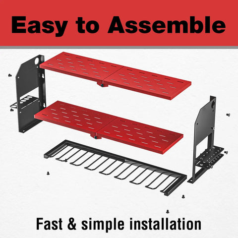Exploded view of Heavy Duty Cordless Drill And Battery Organizer Wall Mount With Built In Charging Station Red Metal Tool Rack For Garage
