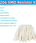 Front view of 1206 SMD resistor kit strips on perforated tape, beige chip resistors.