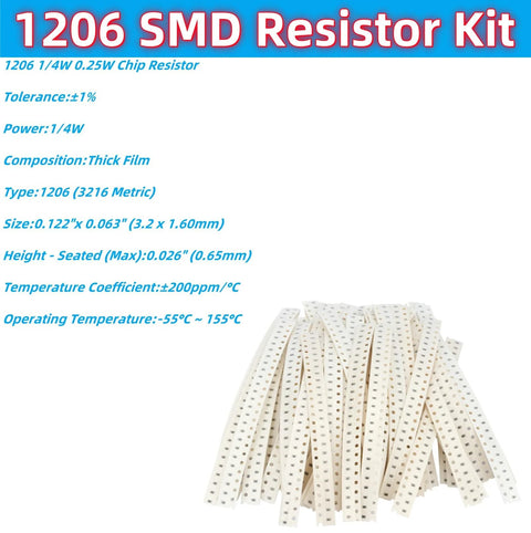 Front view of 1206 SMD resistor kit strips on perforated tape, beige chip resistors.