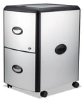 Front view of two drawer mobile file cabinet with locking drawers for security letter file rails and front label holders in silver and black.