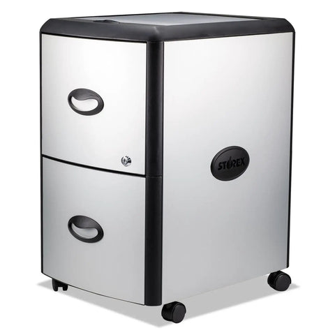 Front view of two drawer mobile file cabinet with locking drawers for security letter file rails and front label holders in silver and black.