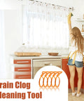 Image of a 5 Pack 25 Inch Drain Clog Remover Snakes Hair Blockage Buster next to a woman cleaning in a kitchen.