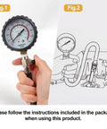 Hand holding Pro Grade Deluxe Compression Test Kit For Gasoline Engines With Dual Scale Gauge next to installation diagram.