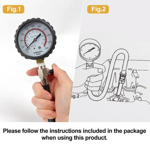 Hand holding Pro Grade Deluxe Compression Test Kit For Gasoline Engines With Dual Scale Gauge next to installation diagram.