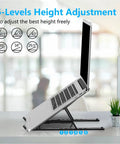 Side view of Game Changing Adjustable Laptop Stand With Ergonomic Elevation For A Comfortable Desk Setup Portable Riser Foldable Ventilated Notebook Holder For 10 To 15.6 Inch Laptops And Tablets ABS And Silicone Construction showing a laptop elevated at 43 degrees.