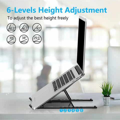 Side view of Game Changing Adjustable Laptop Stand With Ergonomic Elevation For A Comfortable Desk Setup Portable Riser Foldable Ventilated Notebook Holder For 10 To 15.6 Inch Laptops And Tablets ABS And Silicone Construction showing a laptop elevated at 43 degrees.