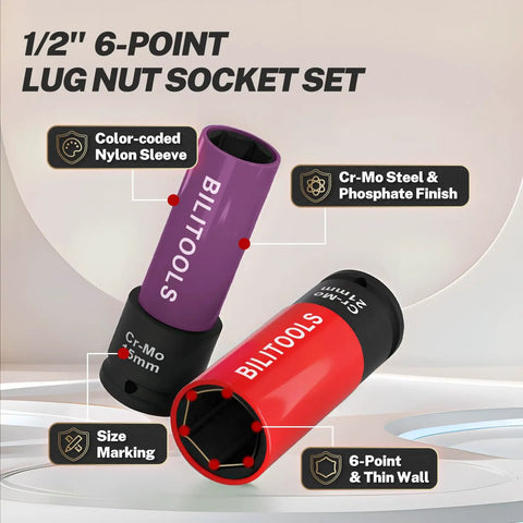 5 Piece 1/2 Inch Drive Impact Lug Nut Socket Set With Non Marring Thin Wall Wheel Protector Sockets in 15mm 17mm