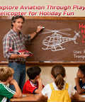 Instructor showing Rad Rescue RC Helicopter Toy With LED Lights And Altitude Hold features on blackboard to kids in classroom.