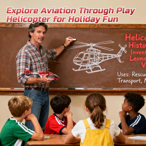 Instructor showing Rad Rescue RC Helicopter Toy With LED Lights And Altitude Hold features on blackboard to kids in classroom.