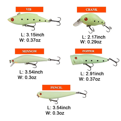Luminous Night Fishing Lure Kit 5Pc With VIB Popper Crankbait Minnow Pencil Lure And Treble Hook Lures In A Handy Tackle Box For Deep Night Adventures
