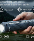 Person holding Rechargeable 8000mAh Camping And Work Light With 3 Adjustable Heads 3000 Lumen Cordless LED Light On Telescopic Tripod