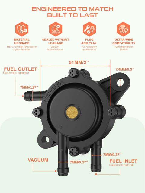 Front view of a heavy duty fuel pump for small engines fits lawn mowers and golf carts with filter and oil hose built to last