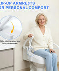 Elongated Raised Toilet Seat Risers Adjustable Height with flip-up armrests for adults sitting comfortably on toilet.
