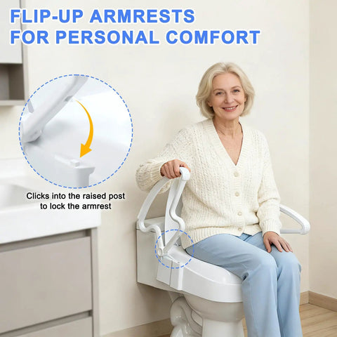 Elongated Raised Toilet Seat Risers Adjustable Height with flip-up armrests for adults sitting comfortably on toilet.