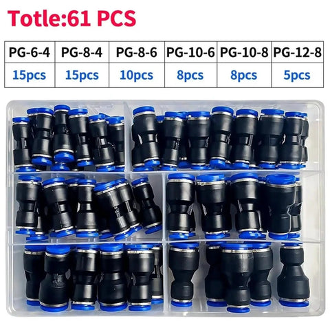 Premium 61 Piece Pneumatic Fitting Kit For Push To Connect Air Pipe Adapters In Smooth 4mm To 12mm Sizes Perfect For Hoses And Industrial Tools, black fitting assortment