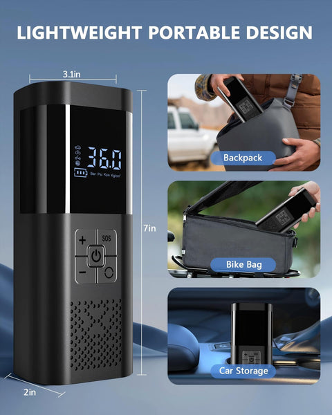 Portable Tire Inflator Air Compressor 150 PSI Cordless On The Go With Digital Pressure Gauge Auto Shut Off Type C Charging LED Light size 3.1x7 inches