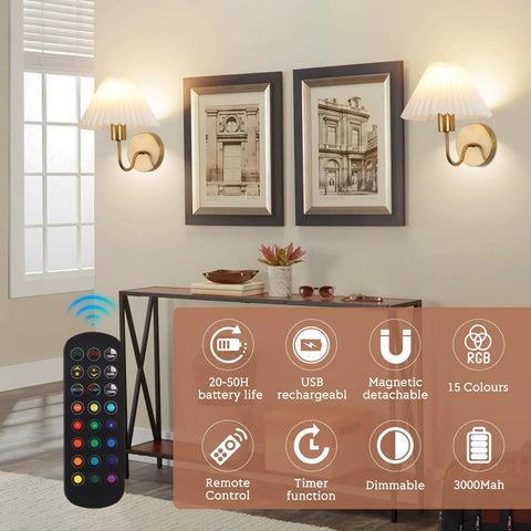 Two Pack Battery Operated Wall Sconces With Pleated Shades, USB Rechargeable Gooseneck Gold Finish Vanity Lights for living room with features