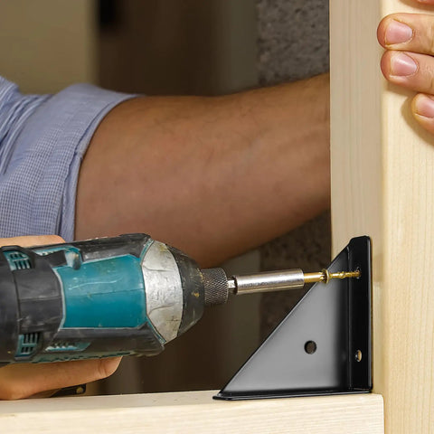 Heavy Duty Angle Corner Brackets, Black Steel Fasteners For Desk, Bed, And Furniture Edge Joints, 10-Piece Set being installed on wood