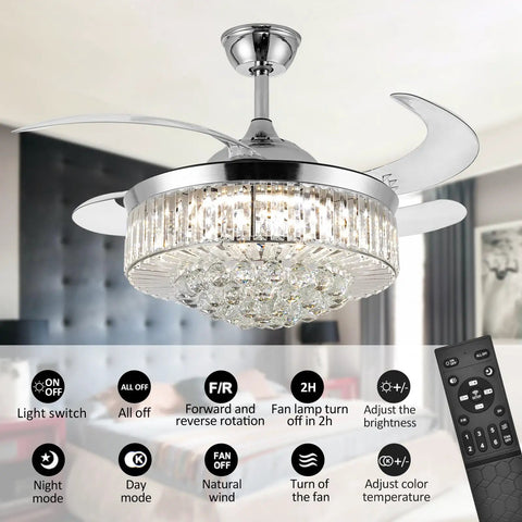 36 Inch Invisible Ceiling Fan Chandelier With Retractable ABS Blades Remote Control Modern Crystal Design Silver Finish