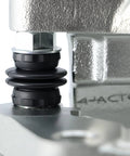Front-right brake caliper, silver metal with black rubber boot and mounting bolt
