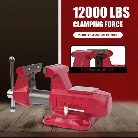 Beast 5 Inch Bench Vise With 360 Degree Swivel Base And 5-1/2 Inch Jaw Opening, showing red ductile iron workshop vise