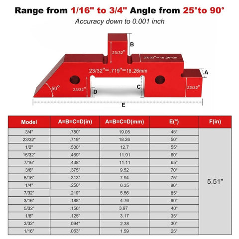 Aluminum Setup Blocks 14 Piece Set With Case For Woodworking Includes Height Gauge Router Table Saw Depth And Angle Fence Alignment Gauges For Precise Pro Grade Setup In Your Home Shop diagram and measurements.