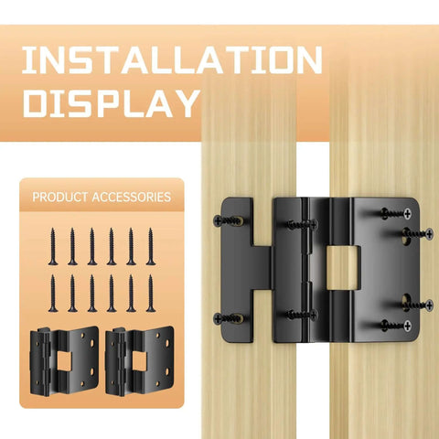 Installation display of Six Pack Five Knuckle Door Hinges For Three Quarter Inch Thick Doors, showing black hinges and screws.