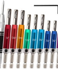 Heavy Duty Self Centering Hinge Drill Bit Set With A Quarter Inch Hex Shank And Tough As Nails Center Punch Cuts Clean Through Wood Metal And Stainless Steel No Sweat Door Install tools with hex shank and multiple sizes.