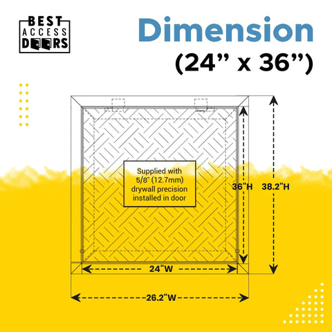 Top Tier 24 By 36 Inch Flush Mount Drywall Access Panel With Slick Aluminum Build showing dimensions and install details.