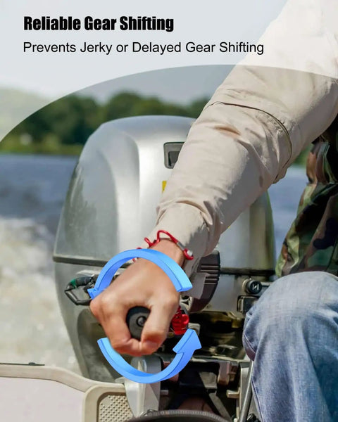 Person using 12 Foot Throttle And Shift Remote Control Cable Replacement For Johnson Evinrude OMC BRP E Tec Ficht Motors 1979 To Present Easy Install With Precise Smooth Throttle And Shifting Performance on outboard motor.