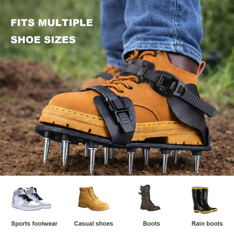 Lawn Aeration Shoes With 2 Inch Stainless Steel Spikes Adjustable Straps Tool Free Setup Grass Aerator Sandals on boot