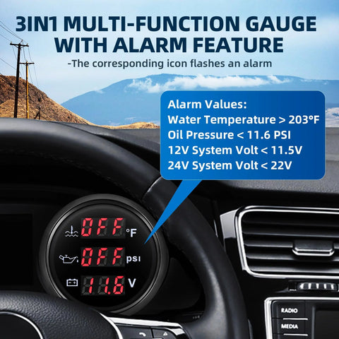 3-in-1 marine gauge kit with alarm feature displaying water temp, oil pressure, and system voltage in car dashboard