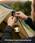 Person clipping a lantern to a tent with a Heavy Duty Black Carabiner Clip Built Tough For 900lbs, 3 Inch Steel D Shaped Snap Hook.