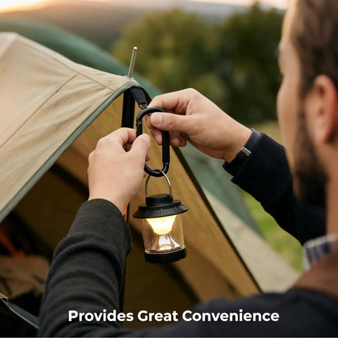 Person clipping a lantern to a tent with a Heavy Duty Black Carabiner Clip Built Tough For 900lbs, 3 Inch Steel D Shaped Snap Hook.