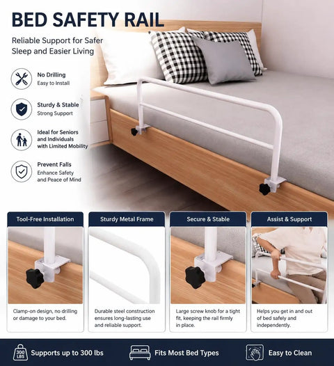 Adjustable Bed Assist Rail For Seniors No Drill Bedside Standing Bar With Foam Grip Fall Prevention Safety Guard