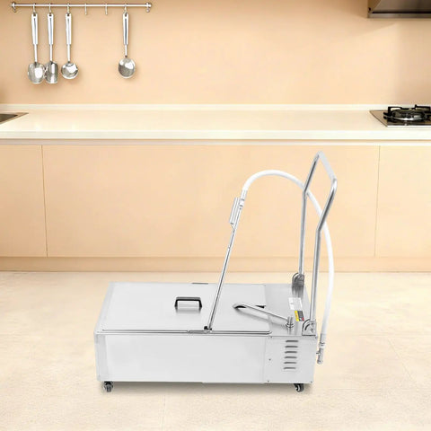 Commercial Deep Fryer Oil Filter Station, 14 Gallon Stainless Steel Grease Recovery Cart, 370W Portable Kitchen Workhorse in kitchen.