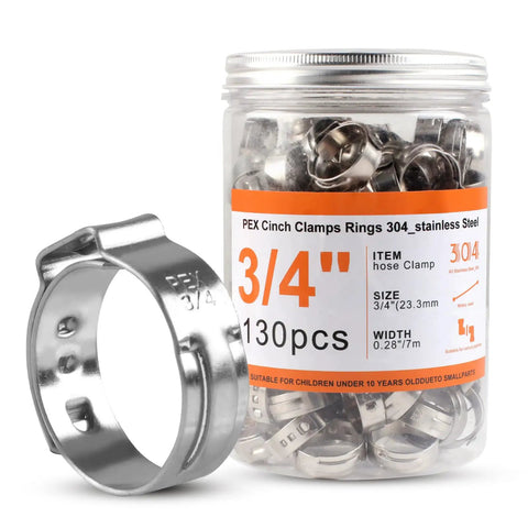 130 Piece Stainless Steel Single Ear Hose Clamps Pack For Three Quarter Inch PEX Tubing Fittings And Pipe Connections Ideal For DIY